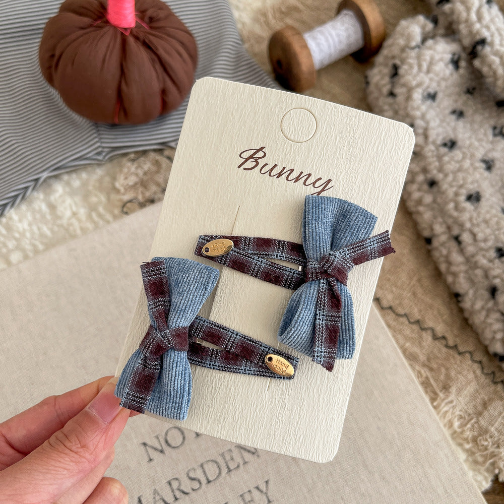 Plaid Bow Hair Clip with Gold Label