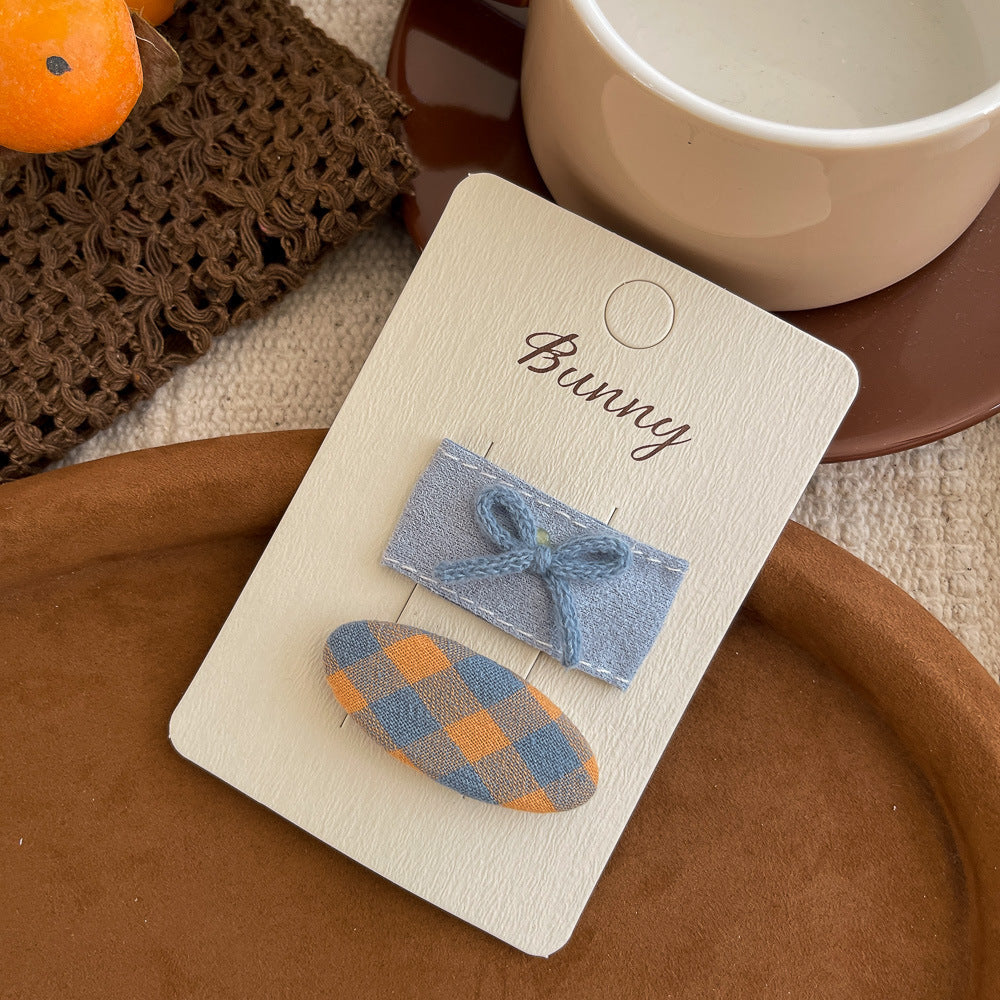 Blue Bow Orange Plaid Oval Hair Clip