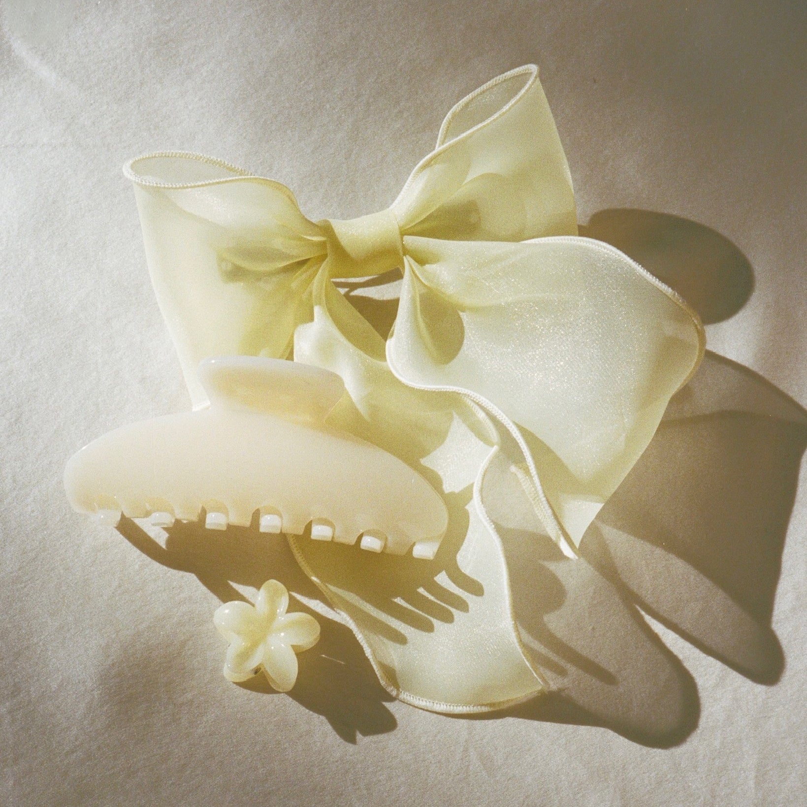 Big Effing Clip in Leche with assorted hair accessories