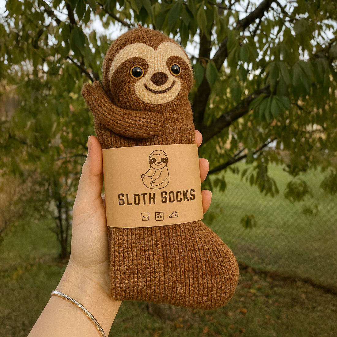 Brown sloth-themed socks worn on a wooden floor.